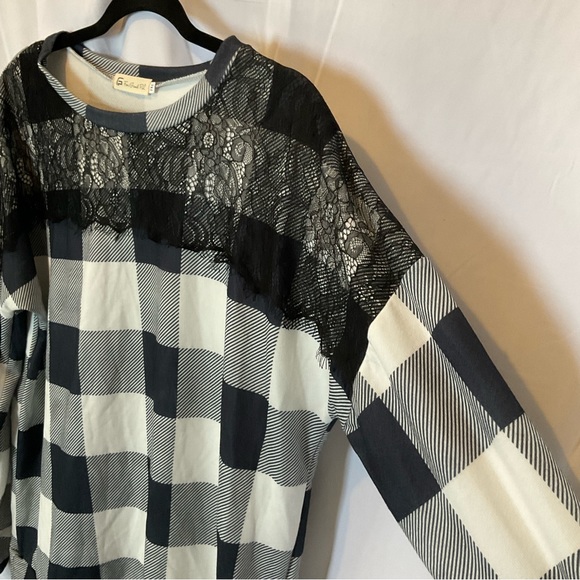 Women’s Long Sleeve White Buffalo Plaid Shirt w/Black Lace Detail Plus Size 2XL - Picture 9 of 16